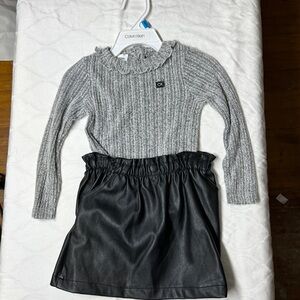 Calvin Klein Ribbed Gray Onsie and Black Faux Leather Skirt 24 mos